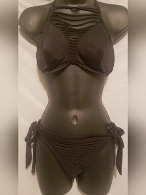 Sexy Black Halter Bikini with Cut Outs And Side-Tie Bottoms